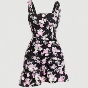 Black and Pink Floral Dress All Over Floral Print Ruched Dress Gothic Whimsigoth